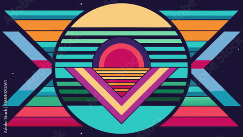 Retro styled sunset with geometric shapes and stripes