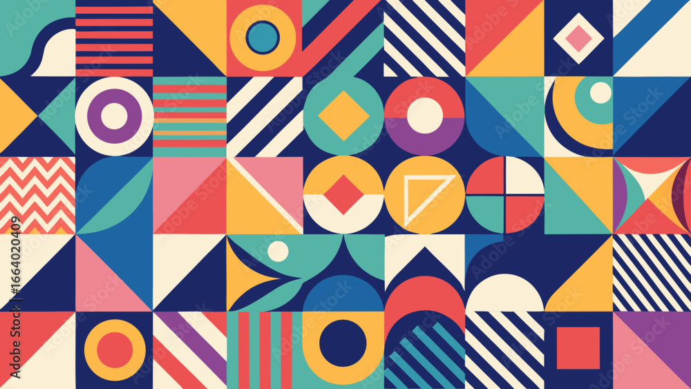 Obraz premium Geometric shapes and patterns in a colorful arrangement