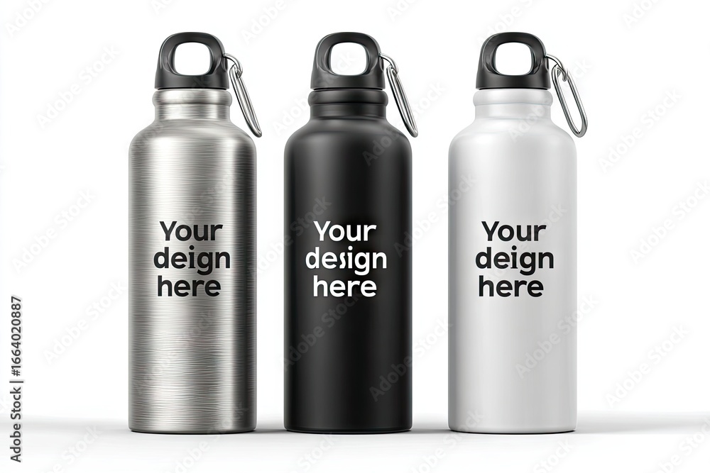 Three metallic water bottles, each with a handle and space for custom text