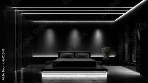 Dark, minimalist bedroom with modern lighting, bed, and a plant. A monochrome aesthetic