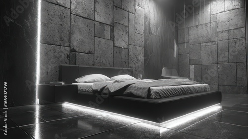 A monochromatic bedroom scene with a modern bed and textured stone walls, illuminated by neon strips