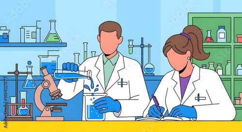 Scientific Collaboration: In a vibrant laboratory setting, two dedicated scientists engage in meticulous research, depicted in a modern illustration.