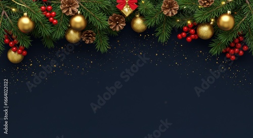 Elegant Christmas frame with gold ornaments pine cones and red berries on dark background for festive holiday season designs
