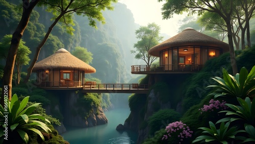 Conceptualize a treehouse-style eco-resort deep in a tropical rainforest.