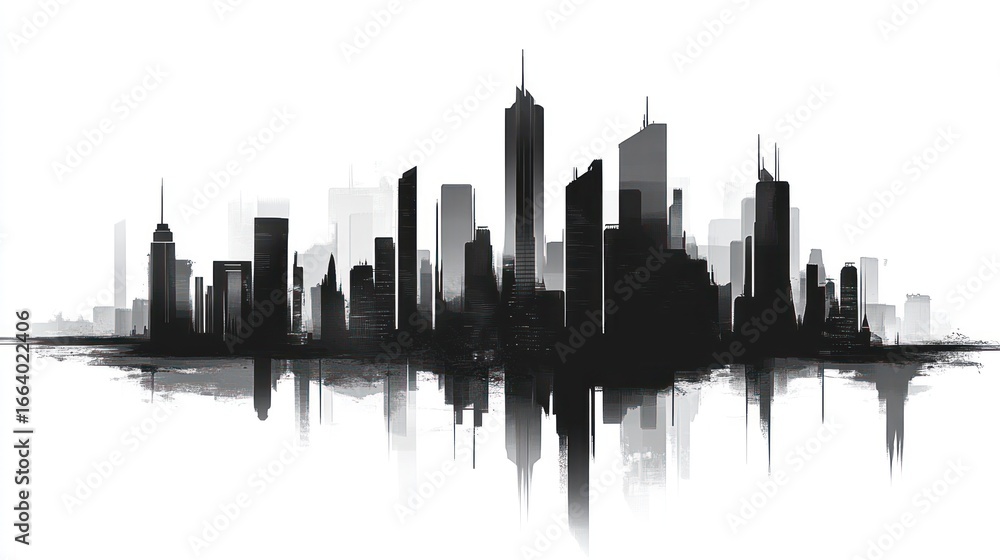 Fototapeta premium Urban cityscape silhouette with reflected buildings.