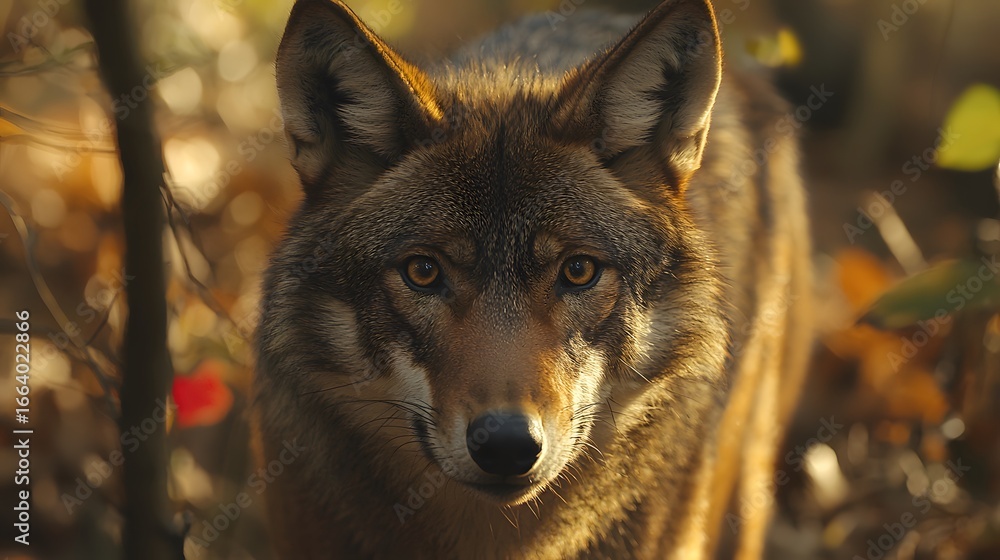 Fototapeta premium Wild Wolf in the Forest, The Fierce Gaze of Nature’s Predator