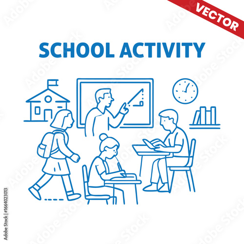Outline Graphic Illustration of School Activity: Teacher Explains Math to Students with School Building in the Background