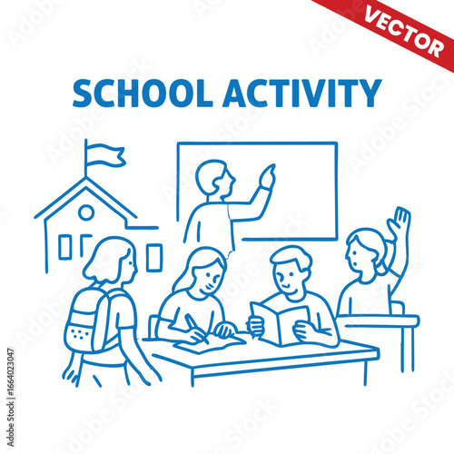 Outline Graphic Illustration of Classroom Activity: Teacher Teaching Math and Students Studying with School Building in Background