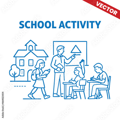 School Activity Outline Graphic Illustration: Teacher Leads Math Lesson While Students Study and Participate in Class