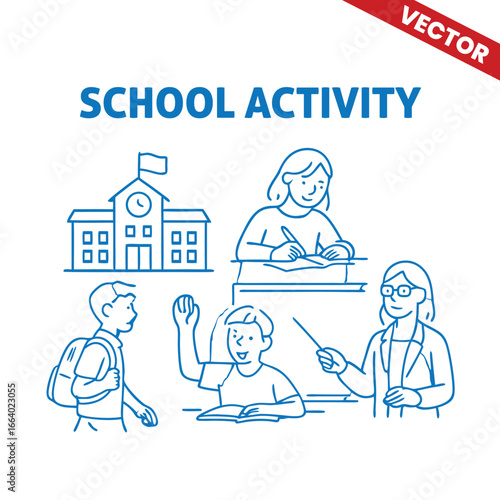 Outline Graphic Illustration of School Activity: Students Focused on Study While Teacher Explains Math on Blackboard