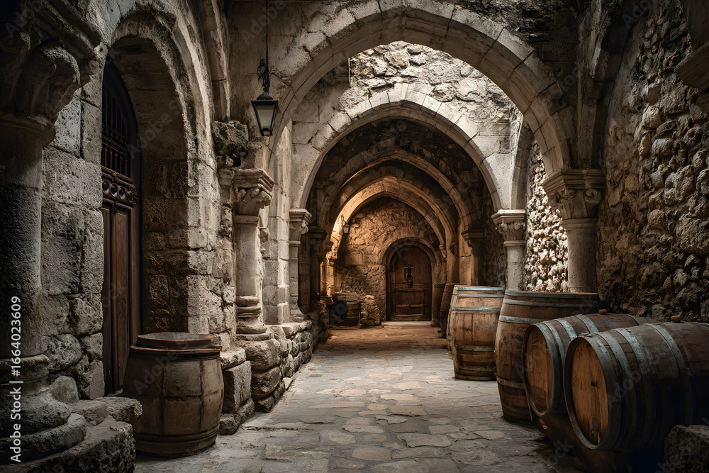 Fototapeta premium deep cellar, wine, wine barrels, France, cellar, grapes, wine barrel, red wine, aesthetics, vineyards, architecture, arch, corridor, interior, arches, church, column, tunnel, building, stone, old, arc