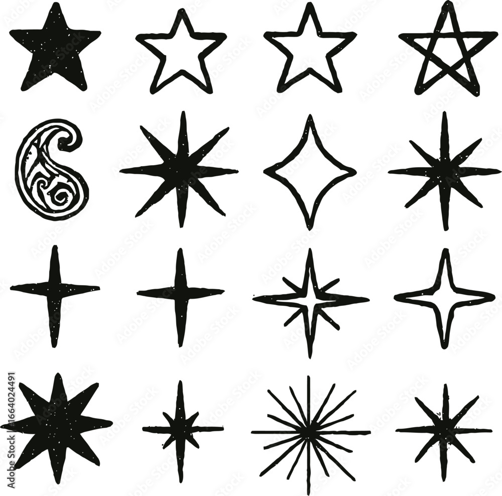 Fototapeta premium Black and white star icon set for decorative design and illustration