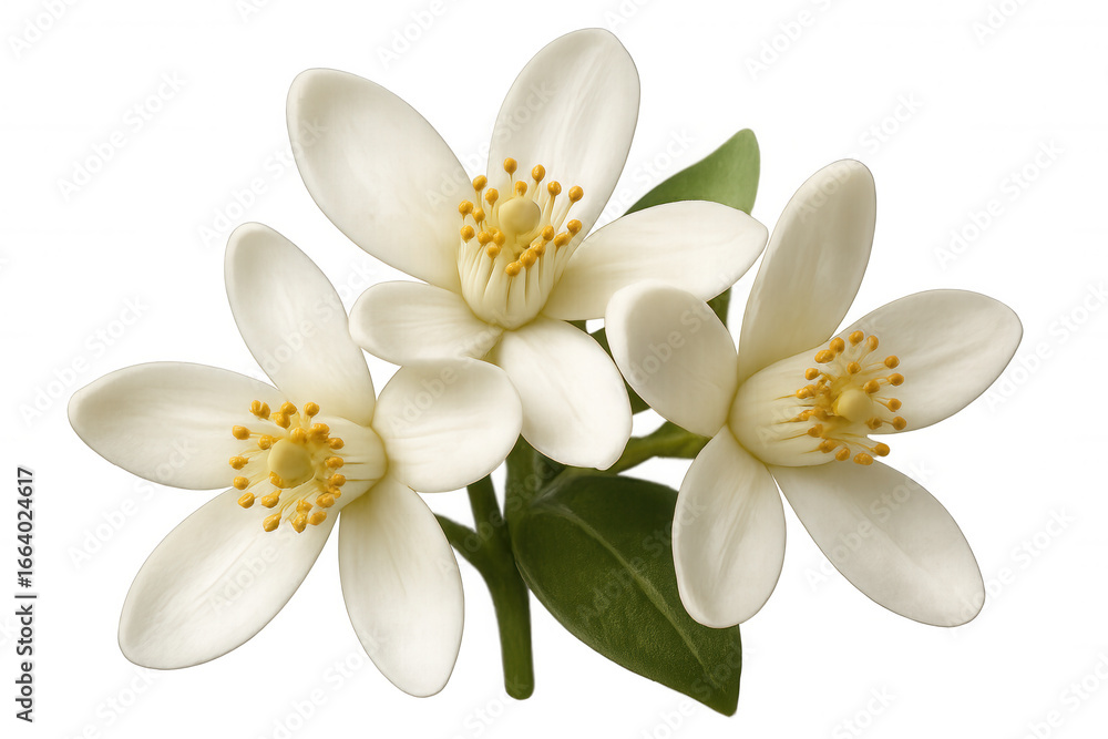Obraz premium Three orange blossoms with petals, stamens and green leaves isolated on transparent background, ideal for advertising or web design