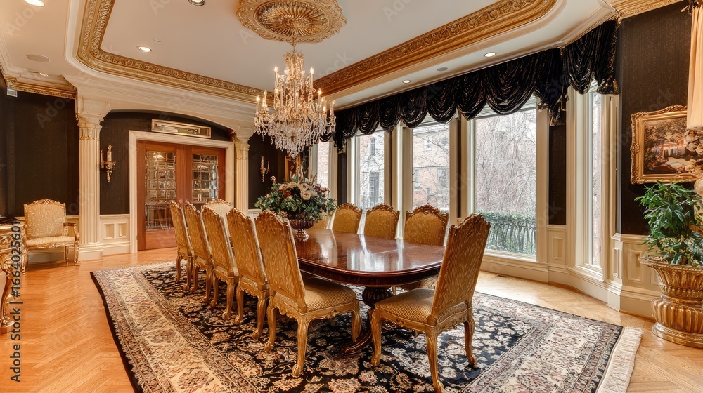 Fototapeta premium Formal dining room with opulent details.