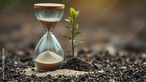 A cracked hourglass spilling sand onto a young sapling, representing premature time pressure.