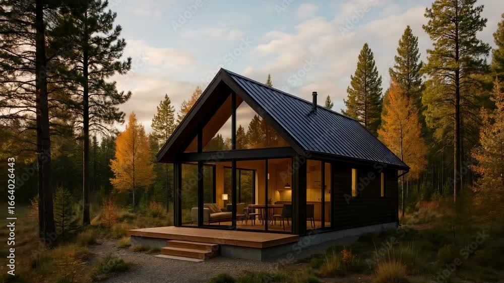 A cozy cabin in autumn woods, captured at eye-level. Warm lighting contrasts with the forest backdrop, perfect for a serene lifestyle video. Live desktop wallpaper. A cozy cabin in autumn woods, captured at eye-level. Warm lighting contrasts with the forest backdrop, perfect for a serene lifestyle video. Live desktop wallpaper.