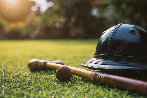 Polo Helmet with Mallet and Ball on Grass Field in Warm Sunset Light.
