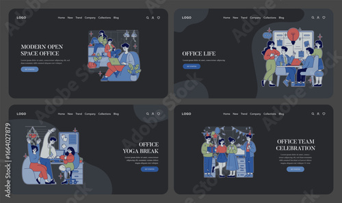 Modern Office Life Scenes with Team Activities Illustration