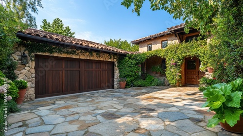 A beautiful stone house with a garage and lush green landscape