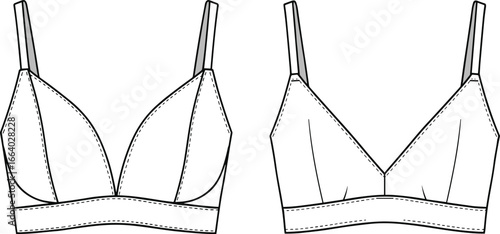Minimalist bralette fashion flat sketch, trendy lingerie design, technical drawing of soft bra top, women’s underwear template for design