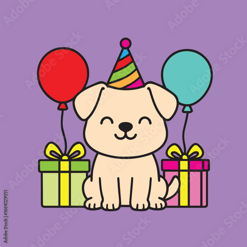 Vector illustration of a cute dog sitting between colorful gift boxes and balloons, designed with bright tones for cheerful festive and playful celebration artwork.