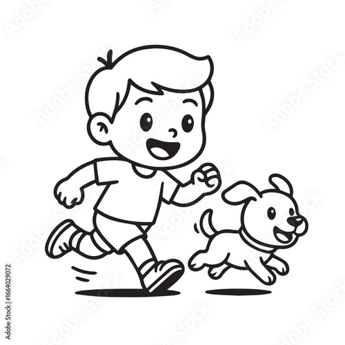 Vector representation of a young boy and his dog running joyfully, rendered in pure black and white with strong black outlines for modern style.