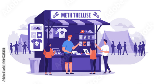 A colorful flat design illustration showcasing a lively festival merchandise booth, where attendees are browsing and purchasing stylized band apparel and memorabilia.