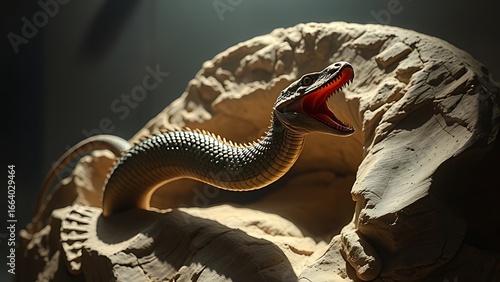 A fossilized two-headed serpent emerging dramatically from stone under museum lighting, evoking ancient mysteries.