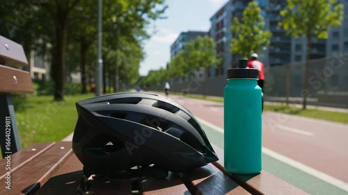 Black bicycle helmet and turquoise water bottle on park bench  