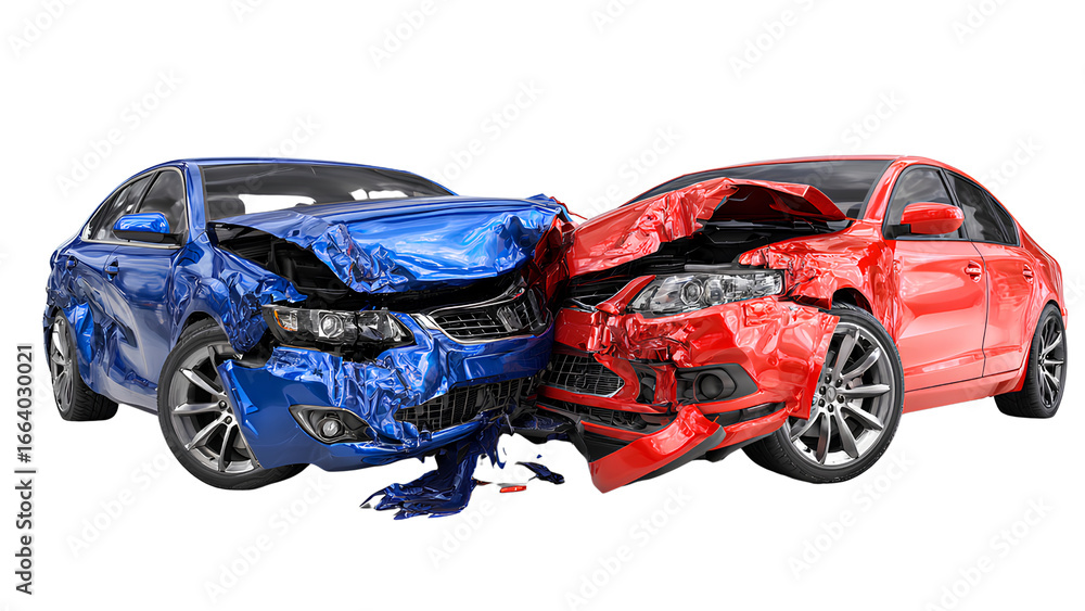 Naklejka premium Severe Car Crash Accident – Red and Blue Vehicles Collide Head-On with Heavy Damage