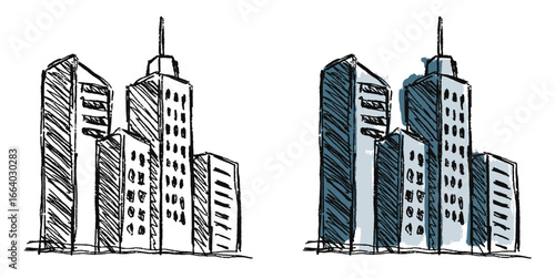 Grunge sketch buildings vector for urban planning, cityscapes, and architecture. Useful for illustrating dilapidated buildings, rough urban environments, or a hand-drawn, edgy feel.