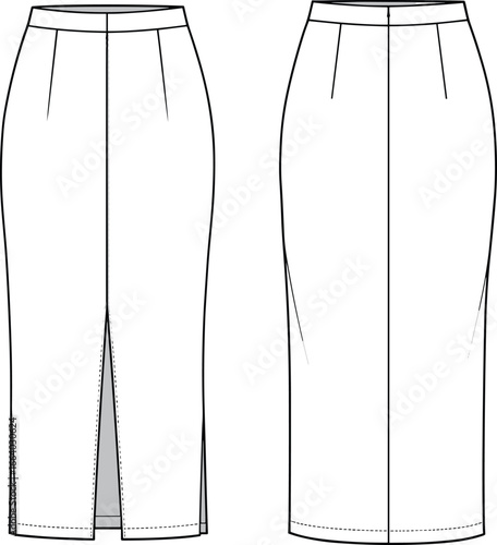 Technical fashion sketch of women's high-waisted pencil skirt with front slit, back darts, waistband, detailed vector drawing for designers