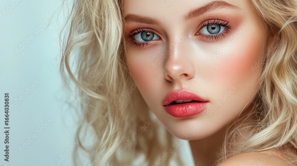 Fototapeta premium A beautiful woman with blonde hair and blue eyes gazing forward