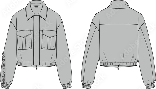 Vector fashion flat sketch of a casual bomber jacket, front and back view, technical drawing, zipper closure, pockets, unisex outerwear