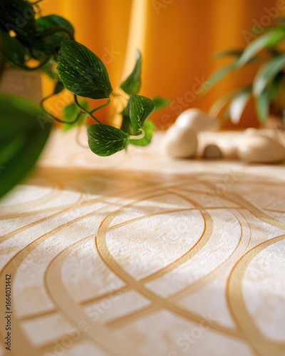Wallpaper Mural Close-up of a beige surface with an abstract circular pattern, partially obscured by a trailing plant and blurred background elements suggesting a tranquil indoor setting Torontodigital.ca