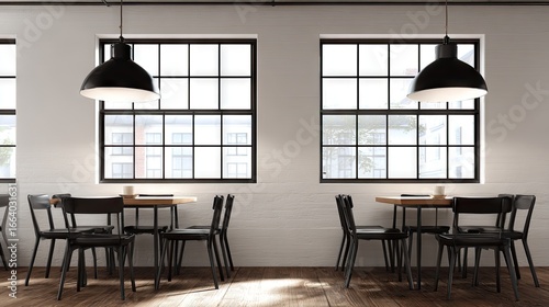 A modern cafe interior with large windows and black furniture.