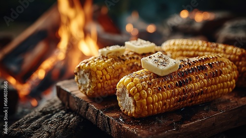 Grilled Corn on the Cob with Butter on Top, Over Open Fire with Fire Sparks and Smoke