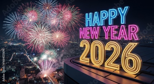 Happy New Year 2026 glowing text with fireworks