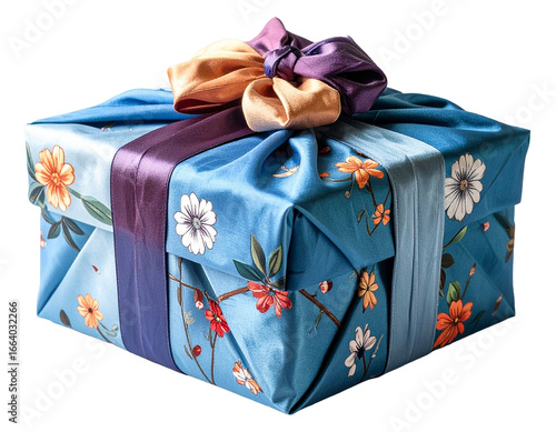 gift box wrapped in bojagi cloth, isolated, plain background, no shadow, PNG element