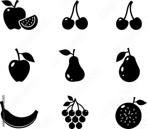 set of fruit, fruit, apple, food, vector, icon, strawberry, pear, cherry, set, illustration, orange, fruits, lemon, banana, plum, berry, grape, healthy, symbol, leaf, pineapple, sweet, icons, fresh, p