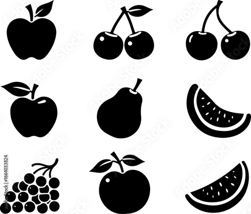 set of fruit, fruit, apple, food, vector, icon, strawberry, pear, cherry, set, illustration, orange, fruits, lemon, banana, plum, berry, grape, healthy, symbol, leaf, pineapple, sweet, icons, fresh, p