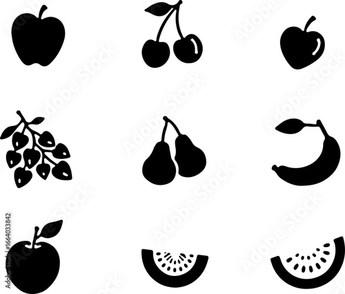 set of fruit, fruit, apple, food, vector, icon, strawberry, pear, cherry, set, illustration, orange, fruits, lemon, banana, plum, berry, grape, healthy, symbol, leaf, pineapple, sweet, icons, fresh, p