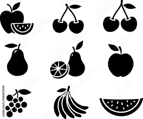 set of fruit, fruit, apple, food, vector, icon, strawberry, pear, cherry, set, illustration, orange, fruits, lemon, banana, plum, berry, grape, healthy, symbol, leaf, pineapple, sweet, icons, fresh, p