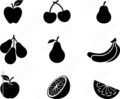 set of fruit, fruit, apple, food, vector, icon, strawberry, pear, cherry, set, illustration, orange, fruits, lemon, banana, plum, berry, grape, healthy, symbol, leaf, pineapple, sweet, icons, fresh, p