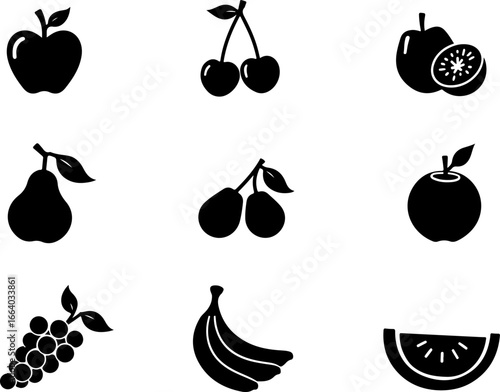 set of fruit, fruit, apple, food, vector, icon, strawberry, pear, cherry, set, illustration, orange, fruits, lemon, banana, plum, berry, grape, healthy, symbol, leaf, pineapple, sweet, icons, fresh, p