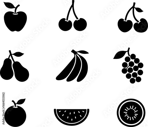 set of fruit, fruit, apple, food, vector, icon, strawberry, pear, cherry, set, illustration, orange, fruits, lemon, banana, plum, berry, grape, healthy, symbol, leaf, pineapple, sweet, icons, fresh, p