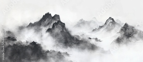 Chinese style painting depicts mountainous landscape shrouded in mist