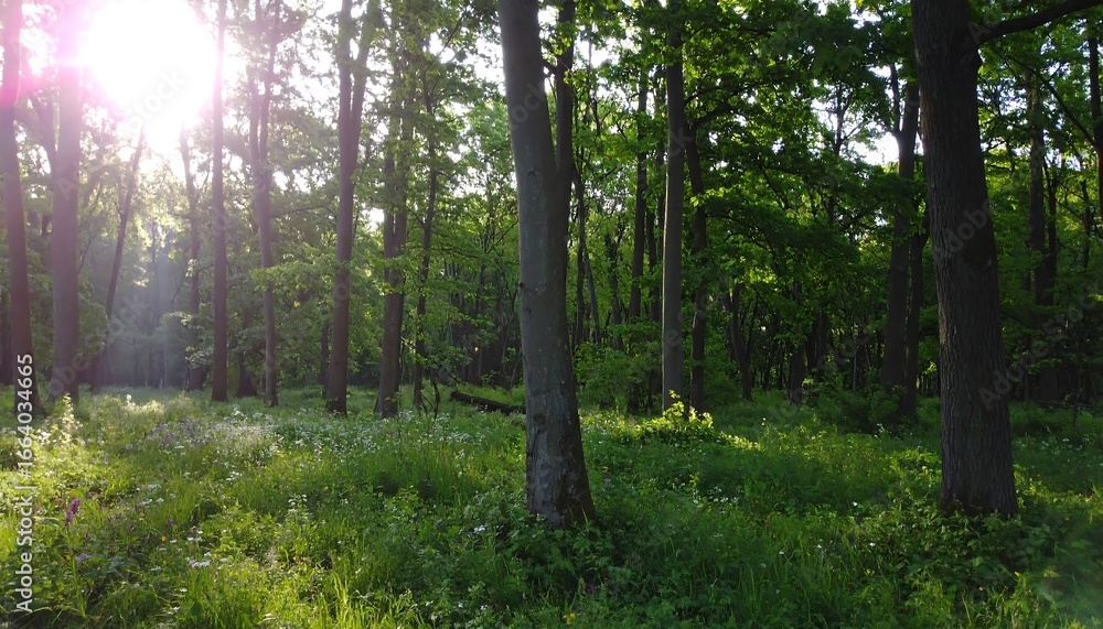 Obraz premium Sunlight filters through a lush forest, illuminating a field of wildflowers.