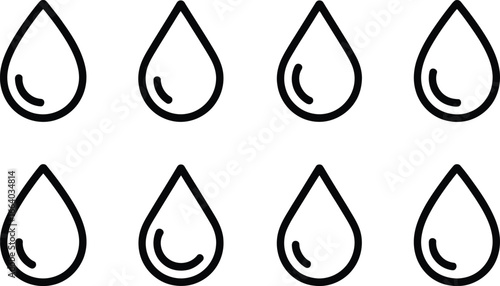 Eight water drop icons in black outline on white liquid