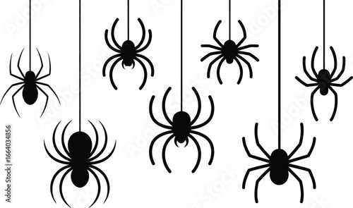 Black Silhouette Spiders Hanging on White Background